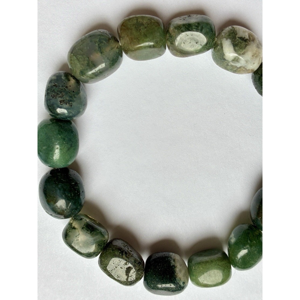 Natural Moss Agate Gemstone Stretch Bracelet Green Nugget Bead Crystal Boho